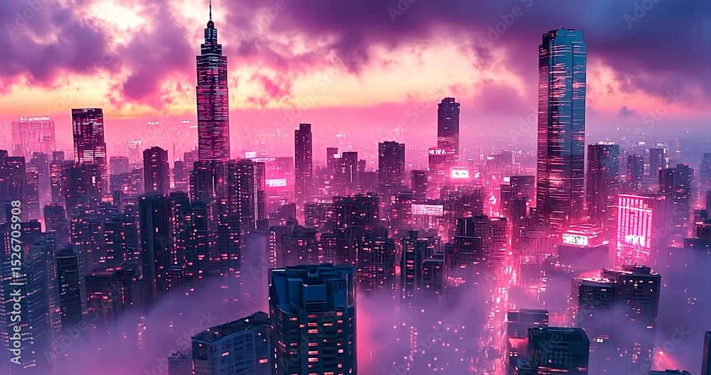 Cityscape at dusk with magenta hues and dark, illuminated structures, creating a contrast between light and shadow with a focus on futuristic architecture and abstract forms