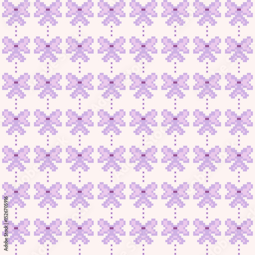 Bow pattern vector of purple-pink and mini heart. Cute pattern seamless. Concept of abstract shape, ribbon, pixel arts, gift, modern, trendy for wrap, print, textiles, fabric texture, background.