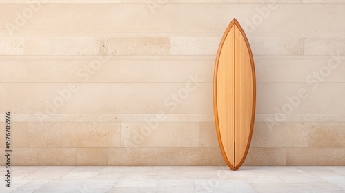 Minimalist Surfboard Propped Against Wall in Empty Space