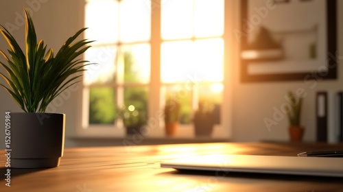 blurred background office space, clutter-free minimalist desk, soft white lighting