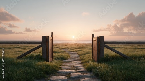 Open Wooden Gate Leading to a Vast Empty Sunset Field