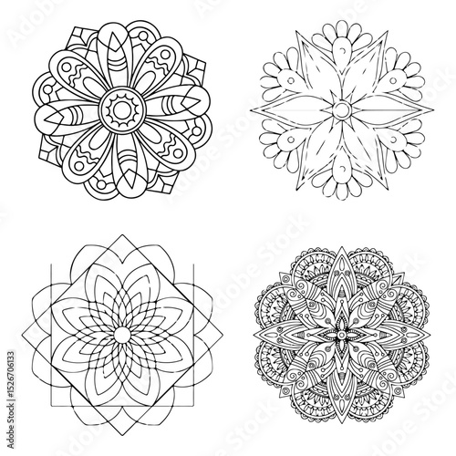 Set of four intricate floral mandala designs in black and white for coloring purposes