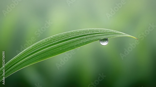 Dewdrop on a Green Blade of Grass Against a Blurred Background