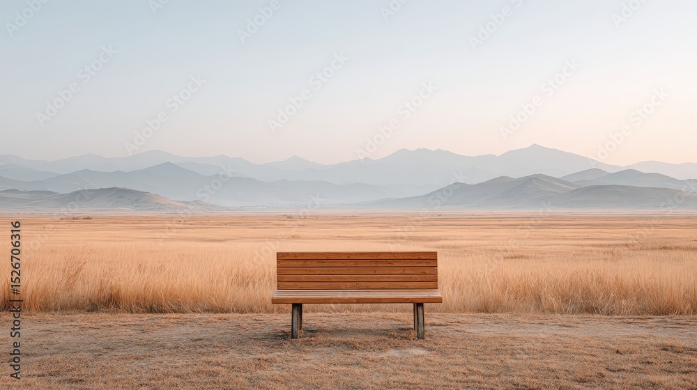 Small Wooden Bench Overlooking a Vast Open Landscape at Dusk Small Wooden Bench Overlooking a Vast Open Landscape at Dusk