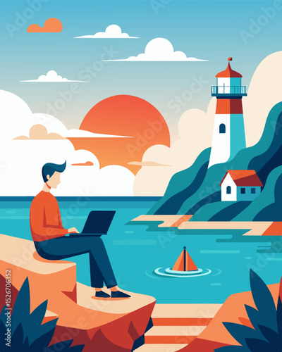 On a sunny day the remote worker takes a break from the lighthouse office to sit on the rocky shoreline and listen to the calming waves.. Vector illustration
