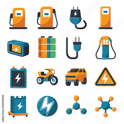 vector icons to vehicle fueling and charging a gasoline pump, an electric vehicle plug hydrogen mole