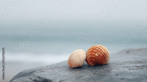 Small Seashells on a Grey Rock Against a Misty Ocean Background