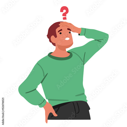 Overwhelmed man cartoon character touching forehead feeling troubled and doubt isolated on white