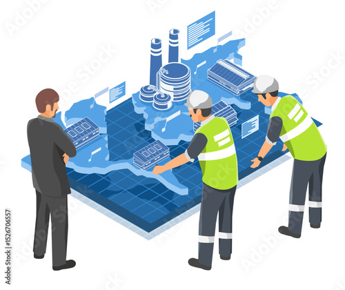 Industrial engineers analyzing smart factory logistics on a digital isometric map for efficient supply chain management and warehouse distribution planning