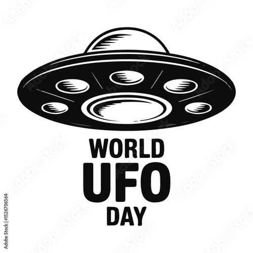 World ufo day graphic featuring a black and white flying saucer on a white background
