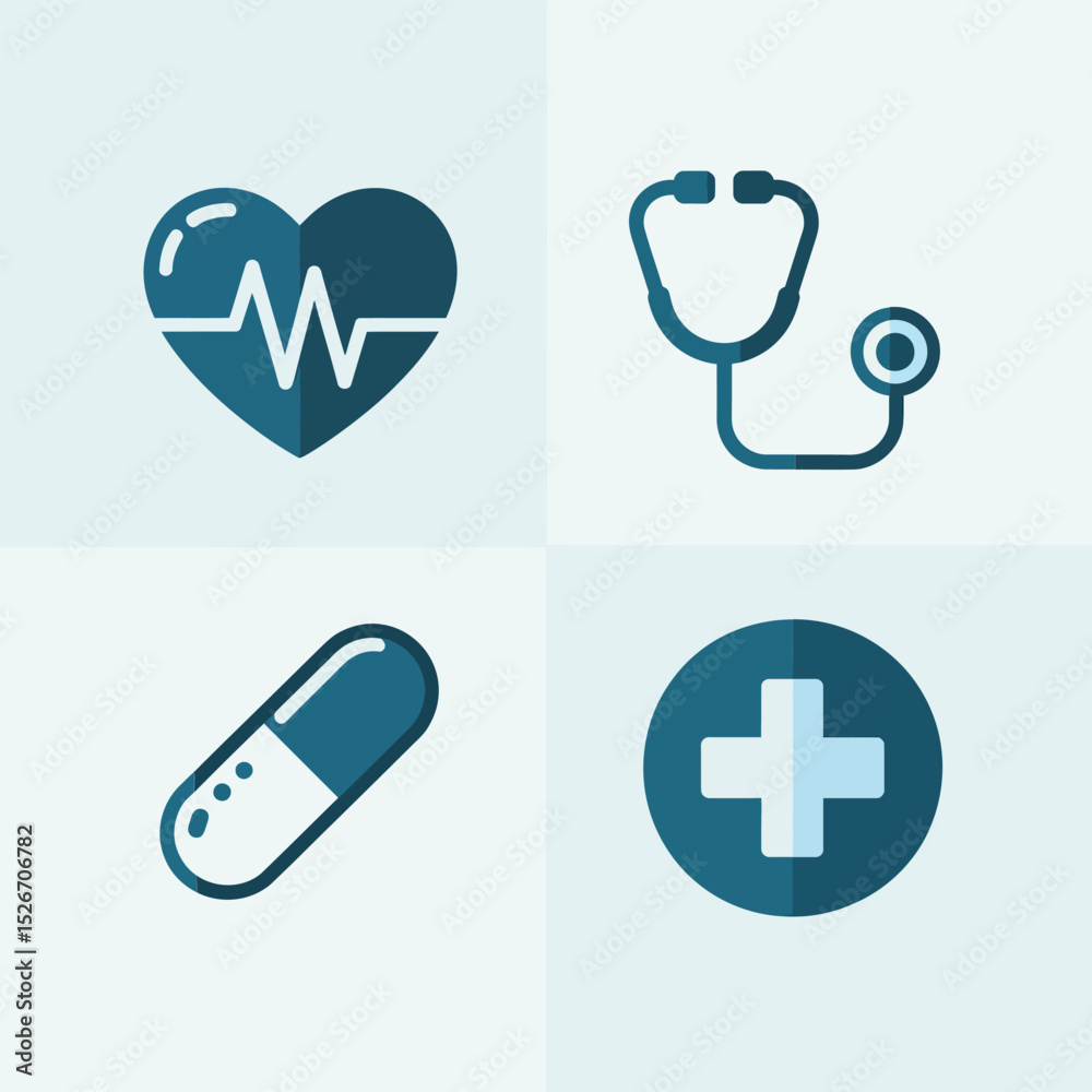 Obraz premium Medicine and diagnosis icons. Hospital cross, capsule medicine, stethoscope and thermometer symbol for patient tracking 