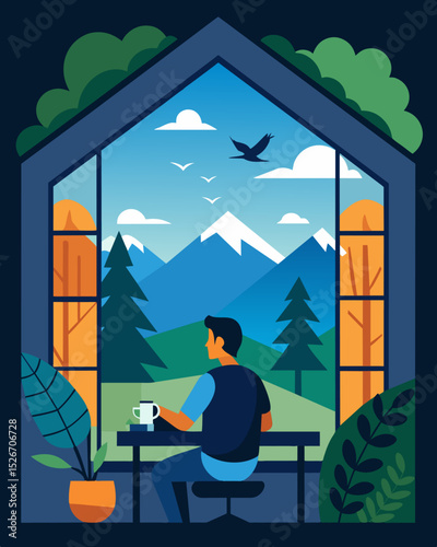 The chirping of birds outside the open window of the cabin a freelancer taking a moment to appreciate the natural beauty around them.. Vector illustration
