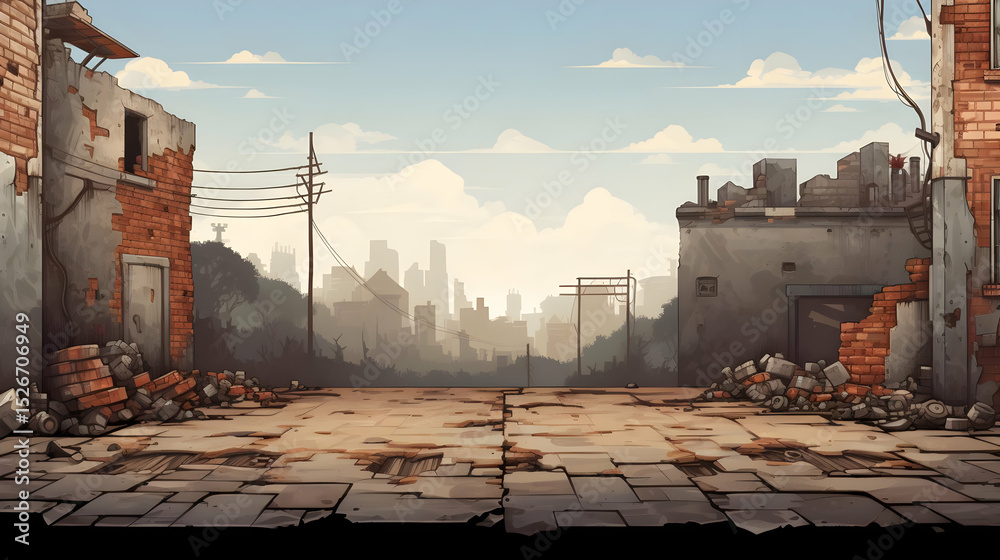 Fototapeta premium Desolate Urban Ruins Cityscape Under Gloomy Sky
