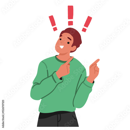 Smiling man cartoon character with exclamation marks pointing fingers aside isolated on white