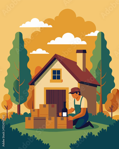In a quaint rustic cottage nestled in the vineyard a freelancer carefully labels and packages bottles of wine ready to be sent off to customers.. Vector illustration