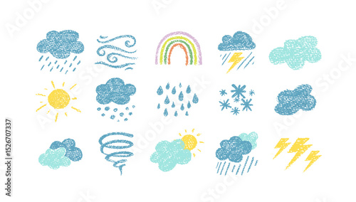 Crayon icons of weather, clouds and sun in sky. Doodle clouds with rain, lightning, snow, storm with chalk texture. Cute summer and winter weather icons drawn with crayon pencils, vector