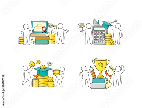 Scholarship concepts set with student, education certificate and money. Vector sketch illustration of tuition grant, study cost in college or university. Doodle man in graduation cap with diploma and 