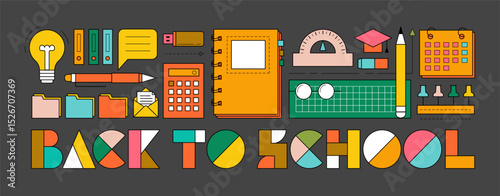 Back to school background with study supplies and office stationery. Geometric poster of education and work concept with icons of pen, pencil, book, notebook, calendar and folders, vector illustration