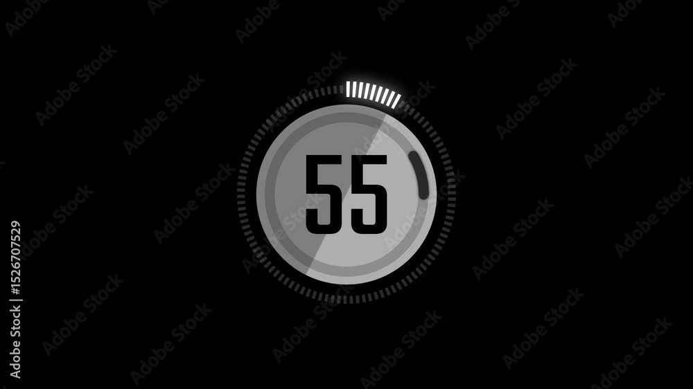 One minute countdown animation with circle with glow effect from 60 seconds to 0 seconds on a transparent background, One minute countdown timer with alpha channel
