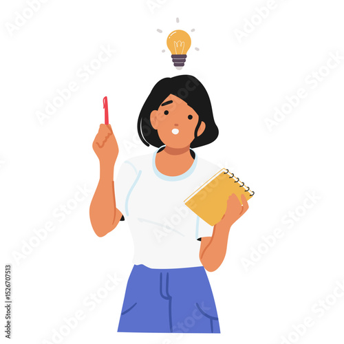 Smart emotional young woman cartoon character engaged in business planning having genius idea