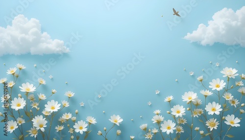 Delicate white flowers and fluffy white clouds over a pastel blue backdrop