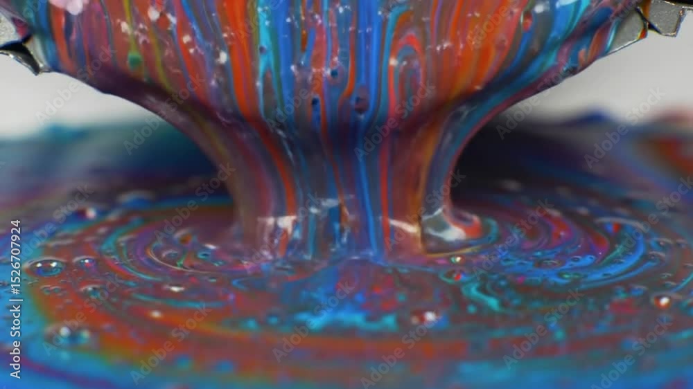 Mehrfarbige Farben fließen in Kaskaden aus dem Behälter. Abstract Swirl of Vibrant Paint Colors Flowing Against a Dark Background