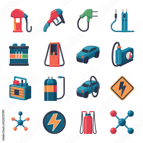 vector icons to vehicle fueling and charging a gasoline pump, an electric vehicle plug hydrogen mole
