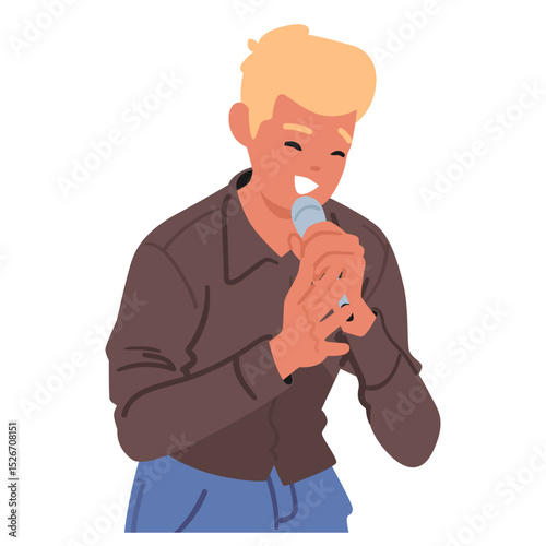 Young man amateur cartoon character singing song in microphone enjoying karaoke performance