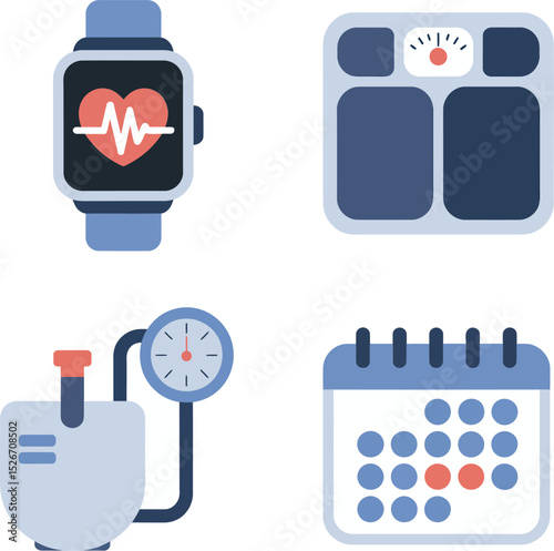 Wearable medical tracker icons. Smartwatch heart monitor, pressure gauge, calendar planner, daily checkup tools  