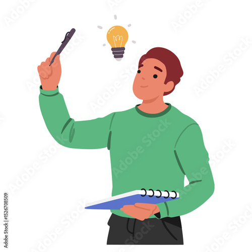 Emotional inspired man cartoon character with pen and diary finding genius idea for business plan