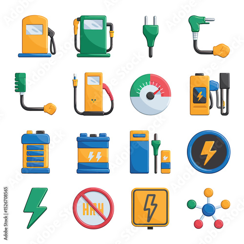 vector icons to vehicle fueling and charging a gasoline pump, an electric vehicle plug hydrogen mole