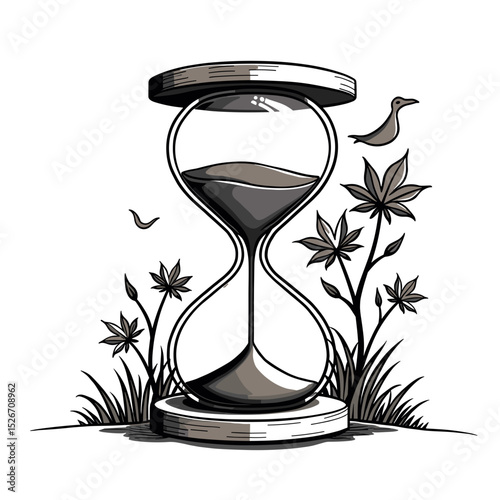 Hourglass with plants and birds, monochrome drawing symbolizing time passing