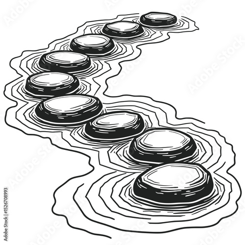 Zen stepping stones over water, monochrome ink drawing style, for the concept of mindfulness