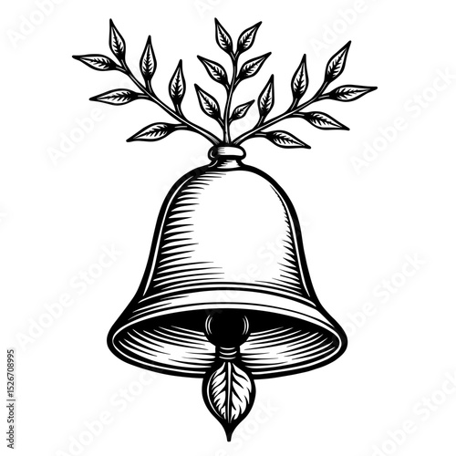 Ornate black and white bell with sprouting leaves, representing peace, ideal for greeting cards