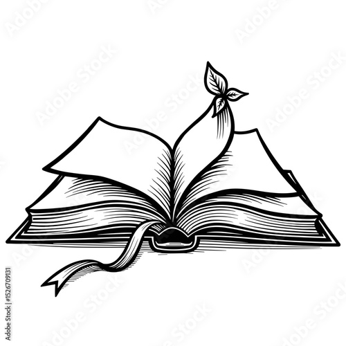 Open book with sprouting leaves, monochrome line art for literary blogs with space for copy