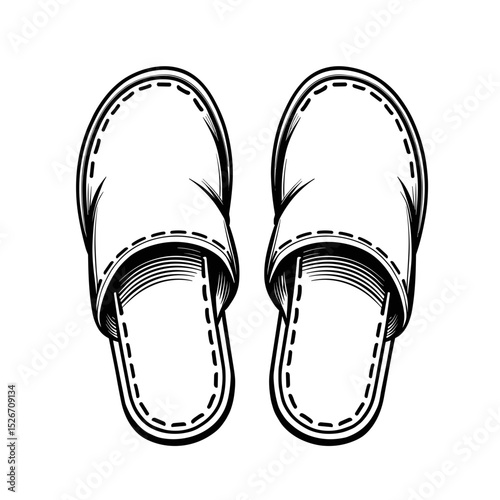 Slippers pair, sketch style, in black and white, symbolizing comfort, for hotel promotions