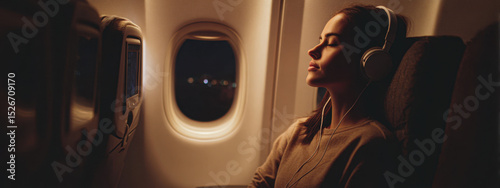 Woman with headphones relaxing in airplane seat at night. Warm window light, peaceful atmosphere, and comfort during a nighttime flight. photo