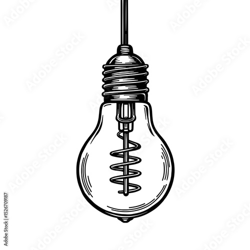 Lightbulb with visible filament in black and white, showing the concept of innovation, with space for copy