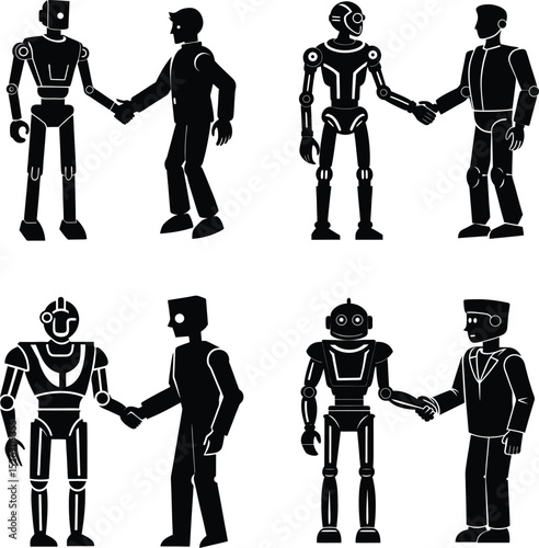 Robot handshake with human hand silhouette illustration set