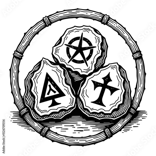 Occult symbols, woodcut style black and white design, for blogs