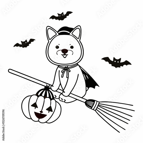 Vector cute shiba inu riding a Halloween broomstick
