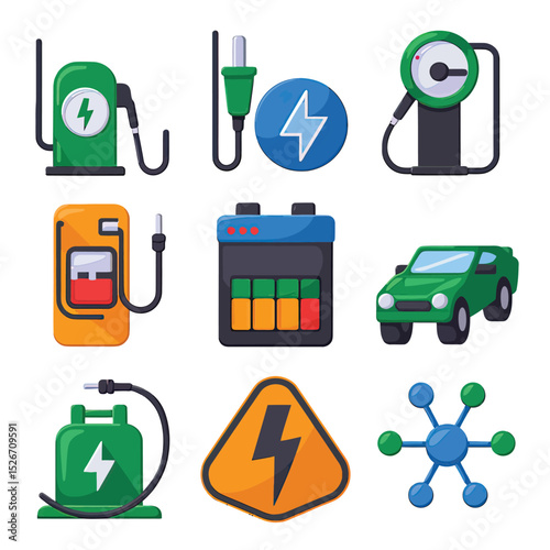 vector icons to vehicle fueling and charging a gasoline pump, an electric vehicle plug hydrogen mole