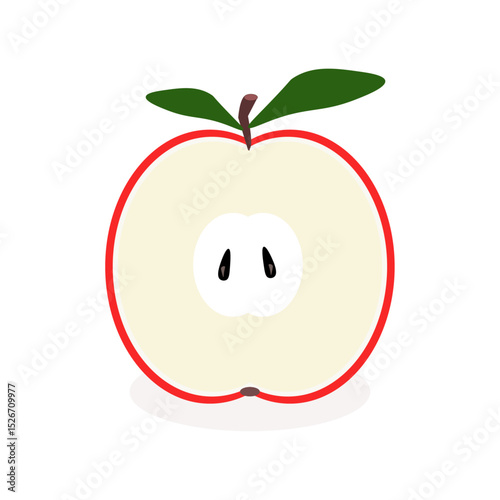 Red apple cut in half with seeds and stem isolated on white background symbolizing healthy eating habits and freshness