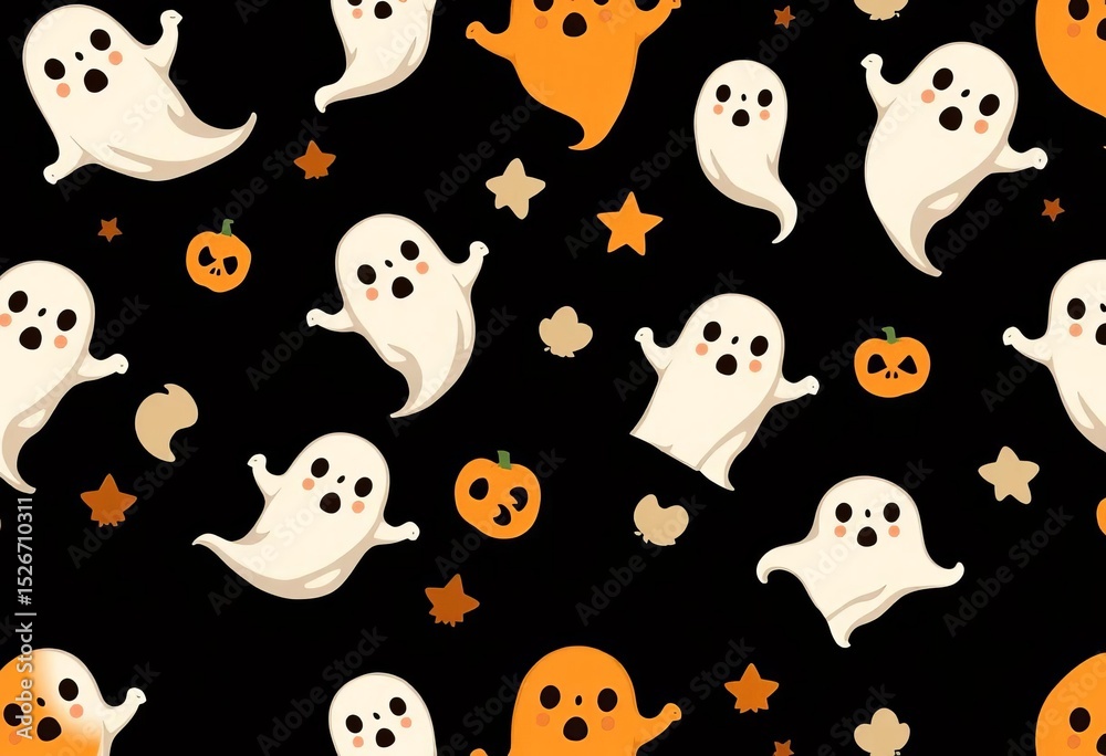 Obraz premium Seamless Halloween background with adorable ghost pattern Repeatable design, swatch included, fall, halloween background