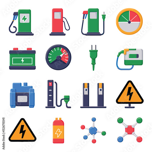 vector icons to vehicle fueling and charging a gasoline pump, an electric vehicle plug hydrogen mole