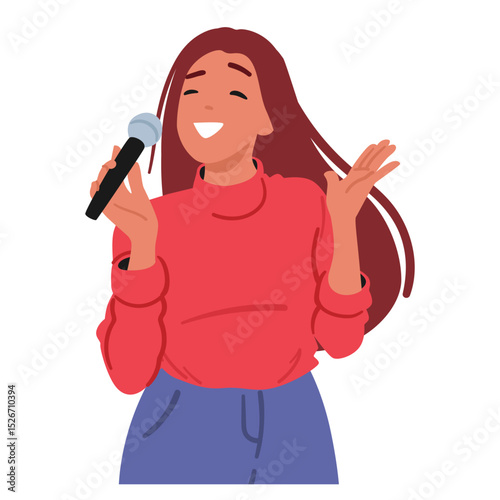 Excited talented young woman singing song holding microphone in hands isolated on white background