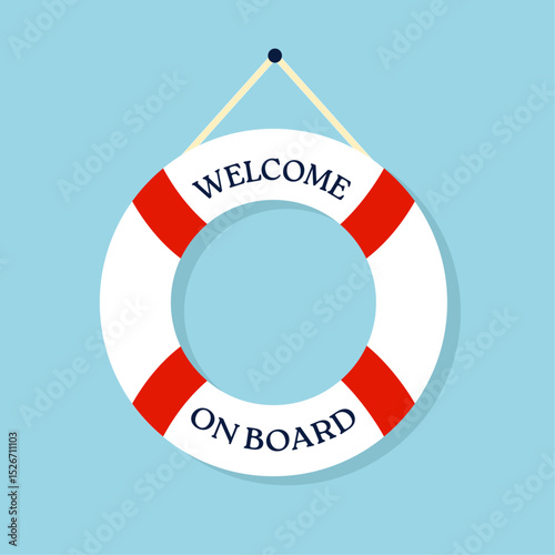 Colorful lifebuoy with the words Welcome On Board. Perfect for cruise ships and nautical themes.