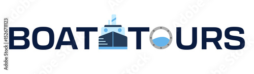 Boat tours. Vector illustration with stylized text and maritime imagery, porthole and ship, perfect for advertising.