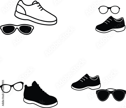 Sneakers and sunglasses silhouette illustration set