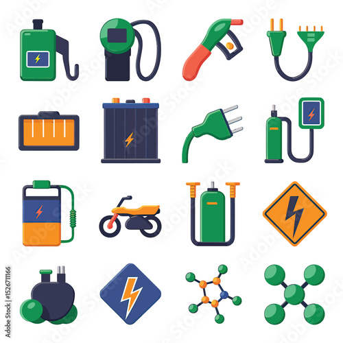 vector icons to vehicle fueling and charging a gasoline pump, an electric vehicle plug hydrogen mole